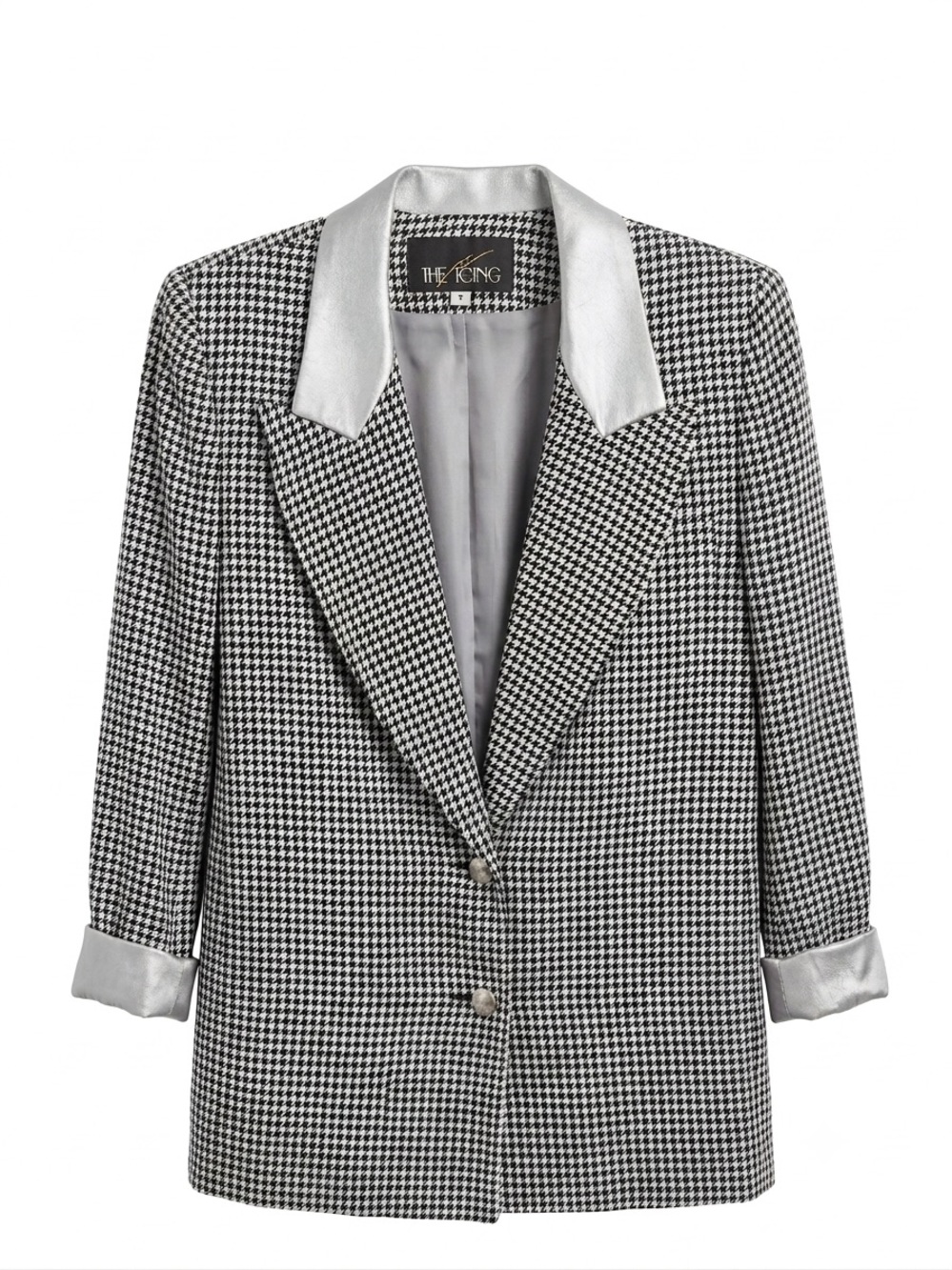 The Icing Black & White Houndstooth Blazer with Silver Satin Collar